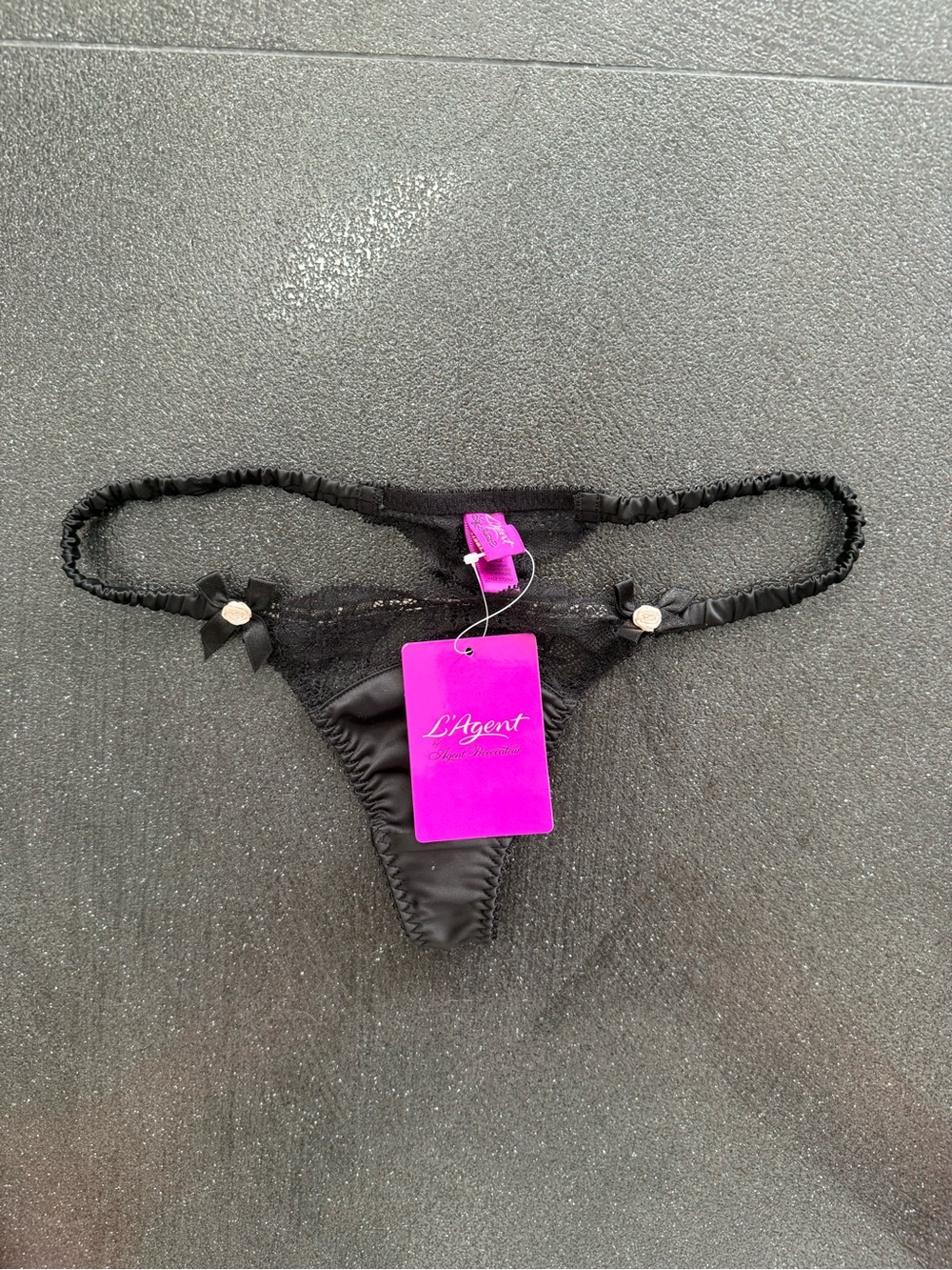Agent Provocateur Black Satin & Lace Thong with Bow Accents